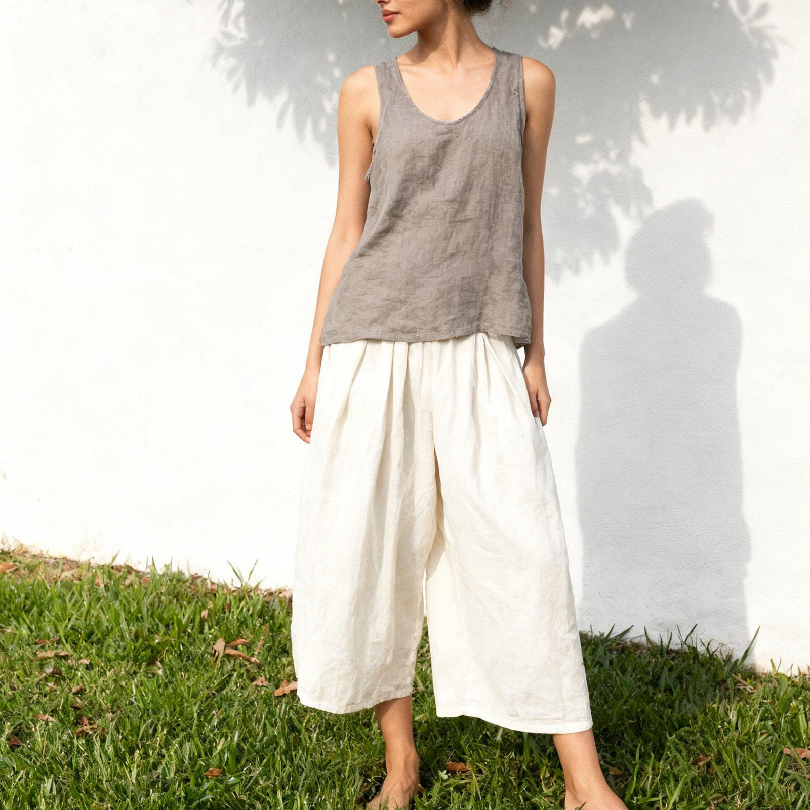 100% Cotton Wide Leg Cropped Pants | Boho Linen-Look