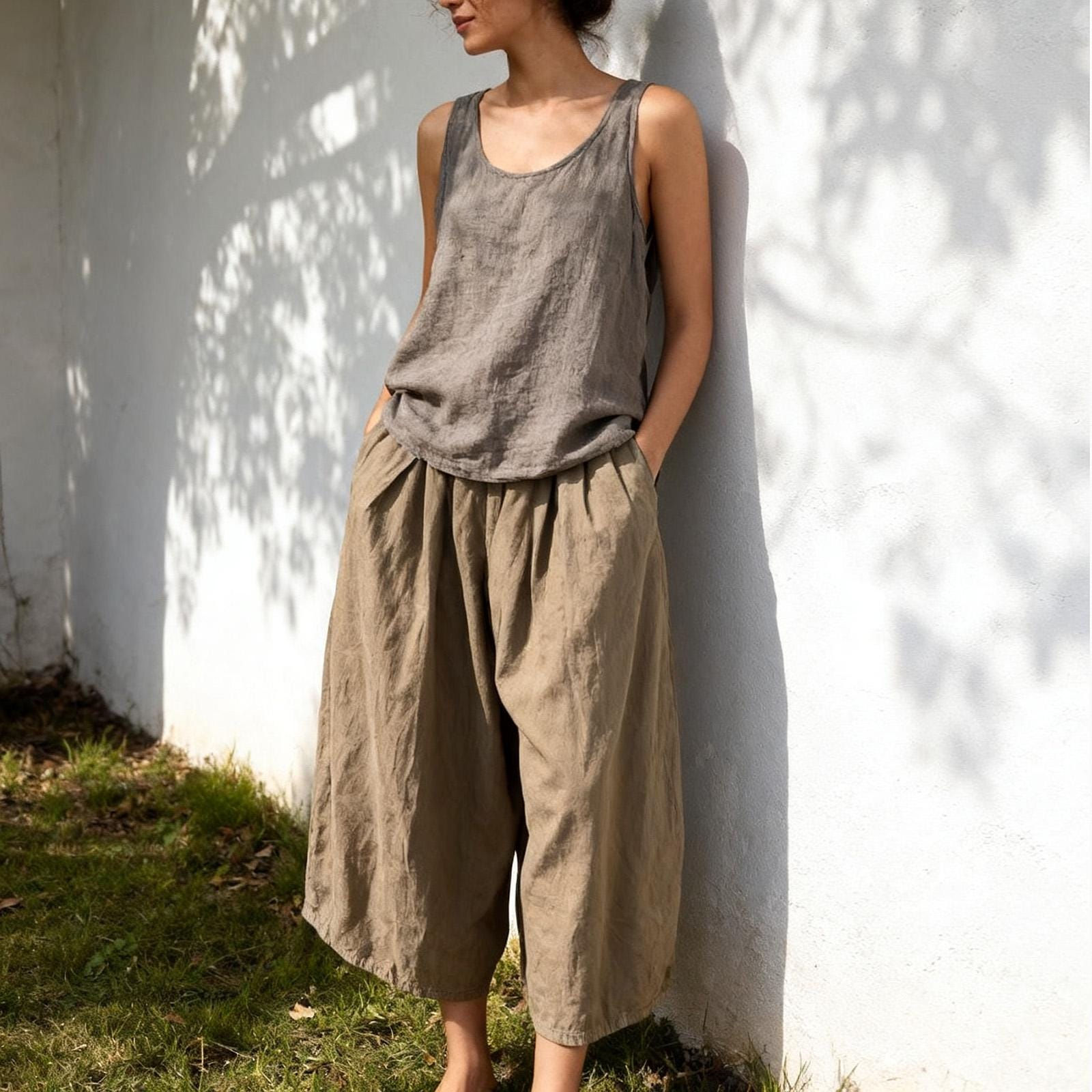 Moss sand relaxed fit cotton wide leg cropped trousers for boho summer styling