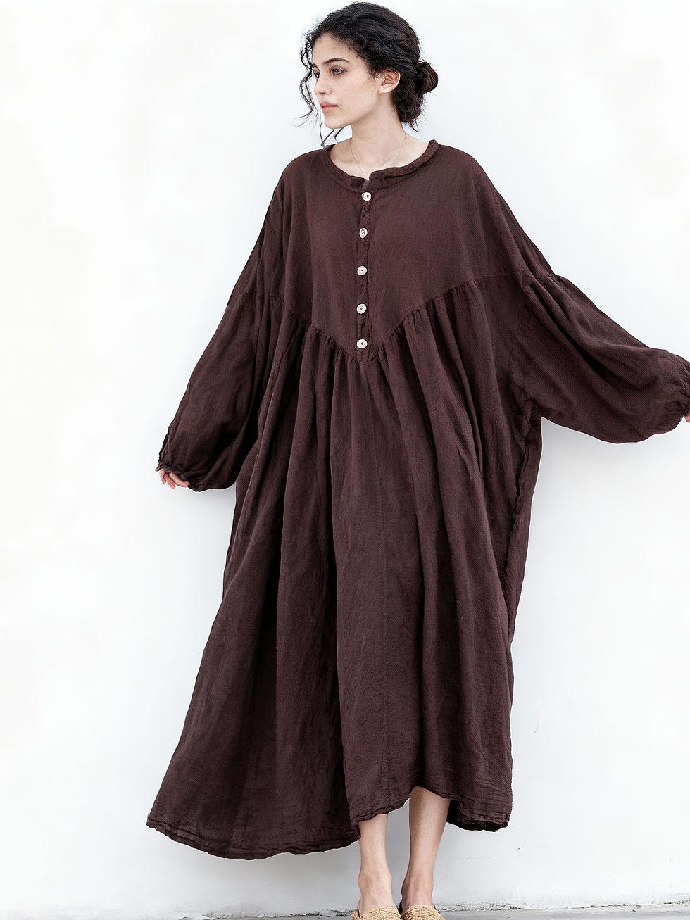 Relaxed fit linen cotton maxi dress in motion, wide skirt drape and soft garment washed texture