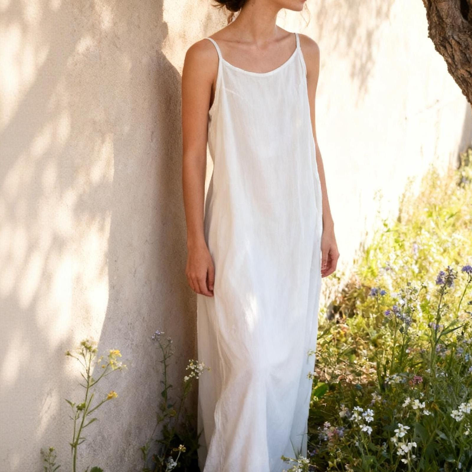 White Cotton Blend Base Layer Cami, Semi-Sheer Adjustable Strap Slip, Wabi-sabi