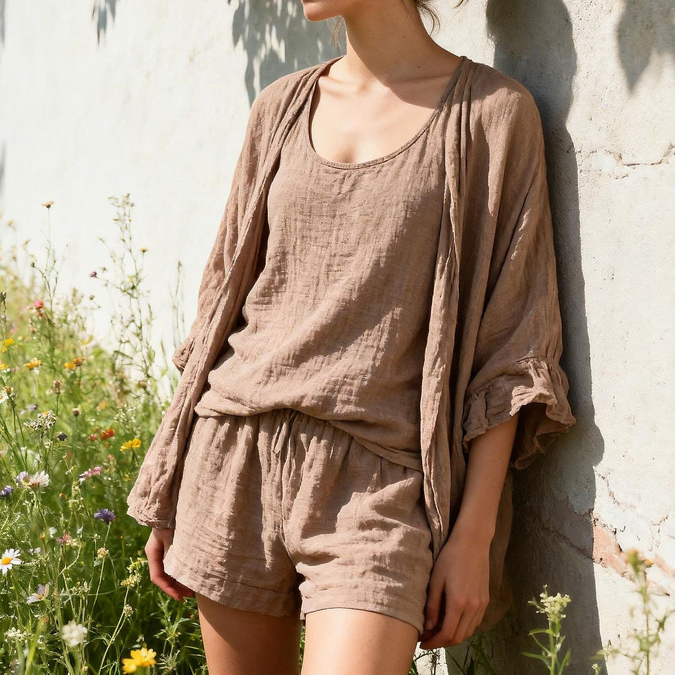 Close-up of dramatic flutter ruffle sleeve detail on lightweight textured ramie cotton fabric
