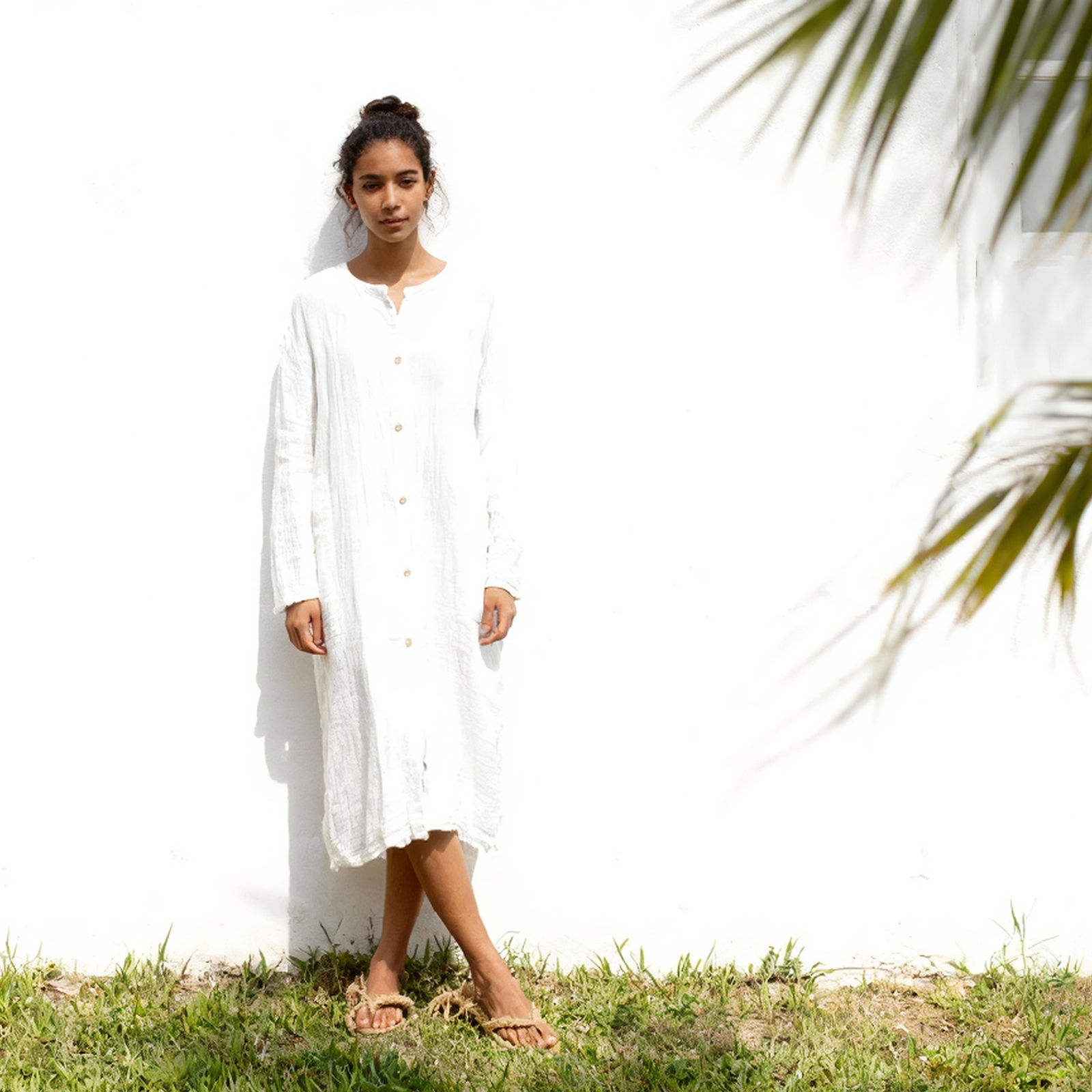 Cotton Long Shirt Dress with Coconut Buttons