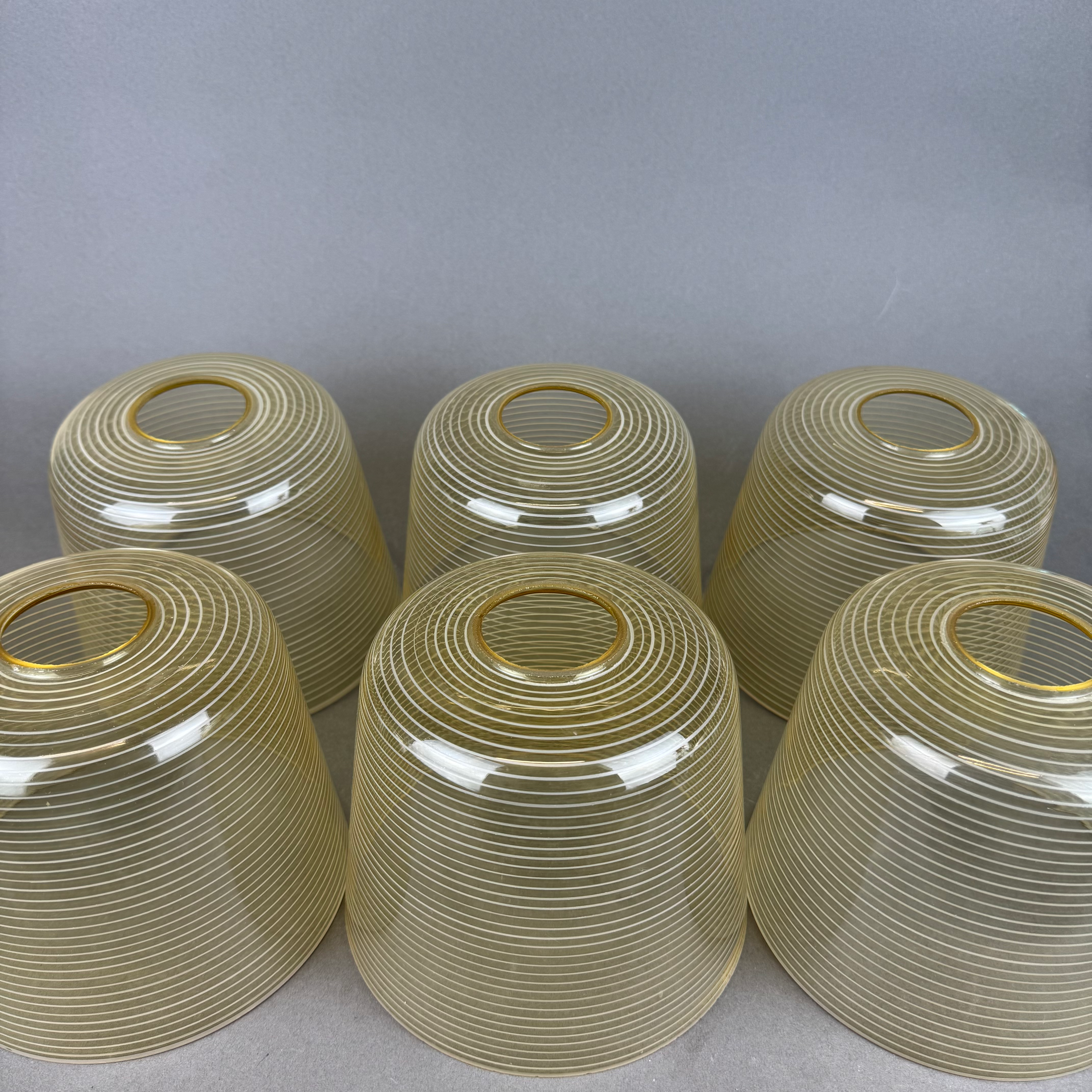 6er Set vintage Glasschirme Amber Bernsteingelb Rillenstruktur 1920-50 C-29-6