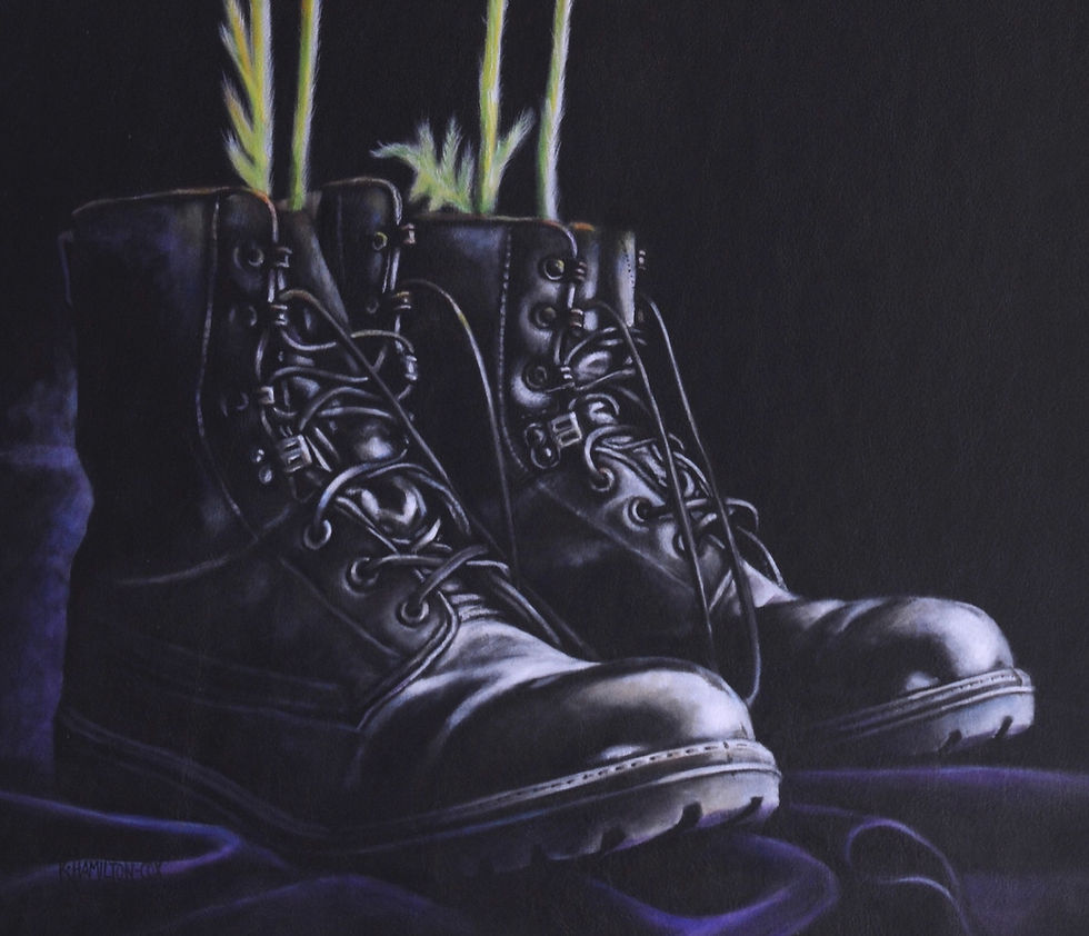 Thumbnail: Poppies painted on leather remembrance theme soldier's boots army Artist Karl