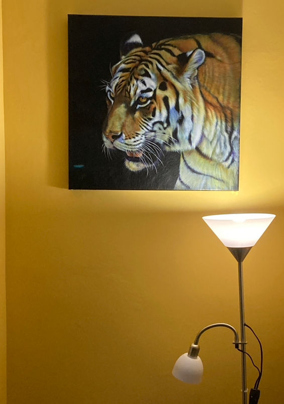 Thumbnail: Pemburu (hunter) Tiger painted on black leather on a box frame