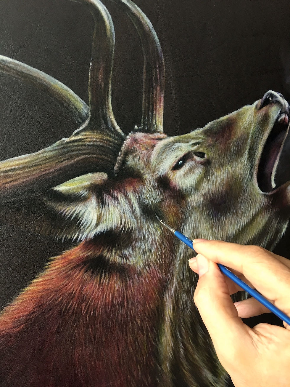 Thumbnail: Art on Leather red deer stag painted on leather Artist Karl Hamilton-Cox