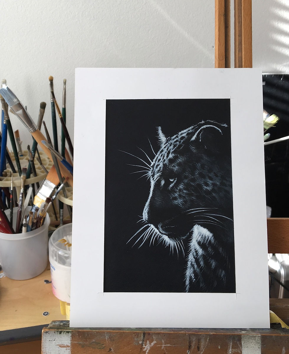 Thumbnail: leopard portrait painted on black leather mounted and framed by Karl Hamilton Cox art on leather