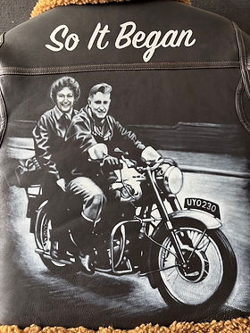 So It Begins the journey of a lifetime custom artwork painted leather jacket commission by Artist Karl Hamilton-Cox Hereford UK