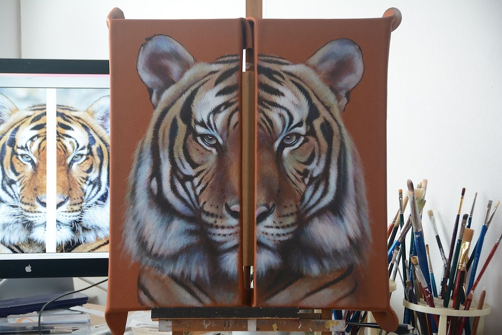 Thumbnail: Tiger portrait diptych painted on leather 2 paintings making up one portrait Artist Karl Hamilton-Cox