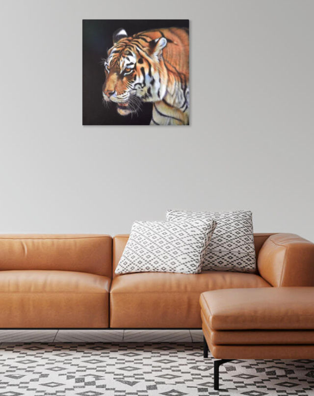 Thumbnail: Pemburu (hunter) Tiger painted on black leather on a box frame
