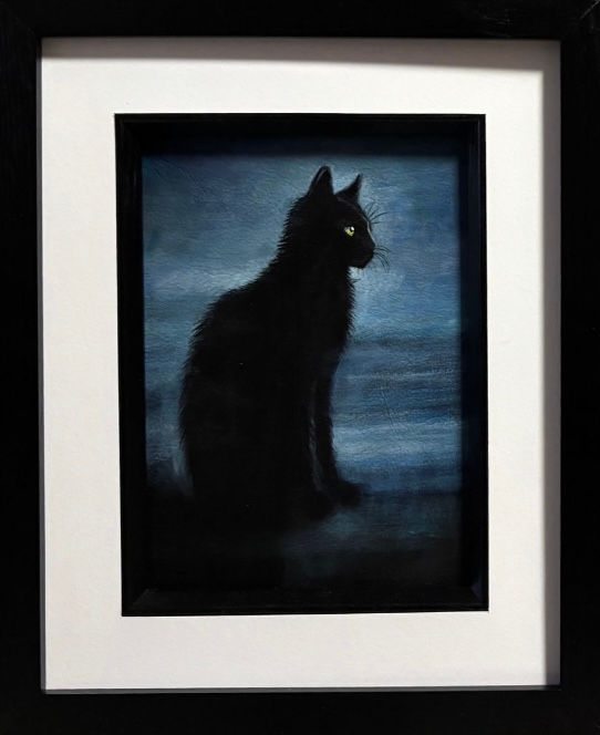Black cat Blue background late night painted on leather Artist Karl Hamilton-Cox