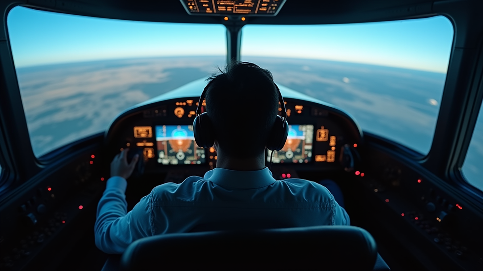 High angle view of a virtual pilot using a flight simulator setup