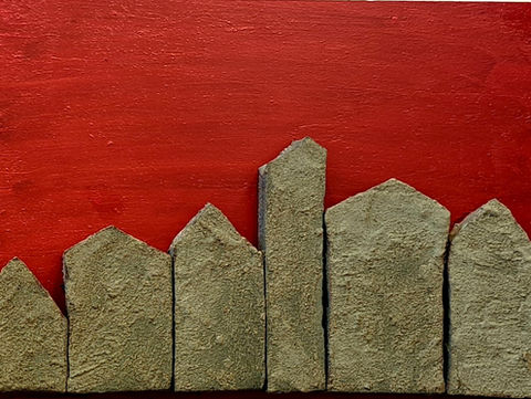 Painting Red Night - red background with cement houses and a moon
