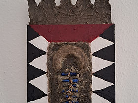 cement, textiles, mixed media on wood