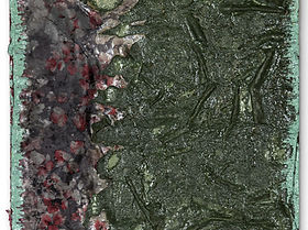 concrete, textiles, mixed media on wood