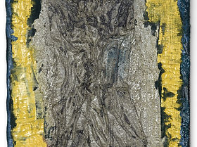 concrete, textiles, mixed media on wood