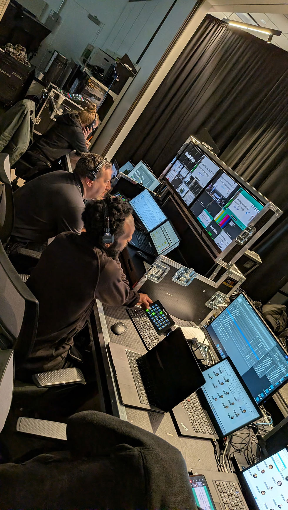 Moonrise techs working backstage at monitors