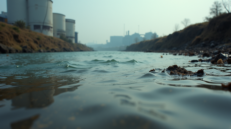Eye-level view of a river polluted with industrial waste