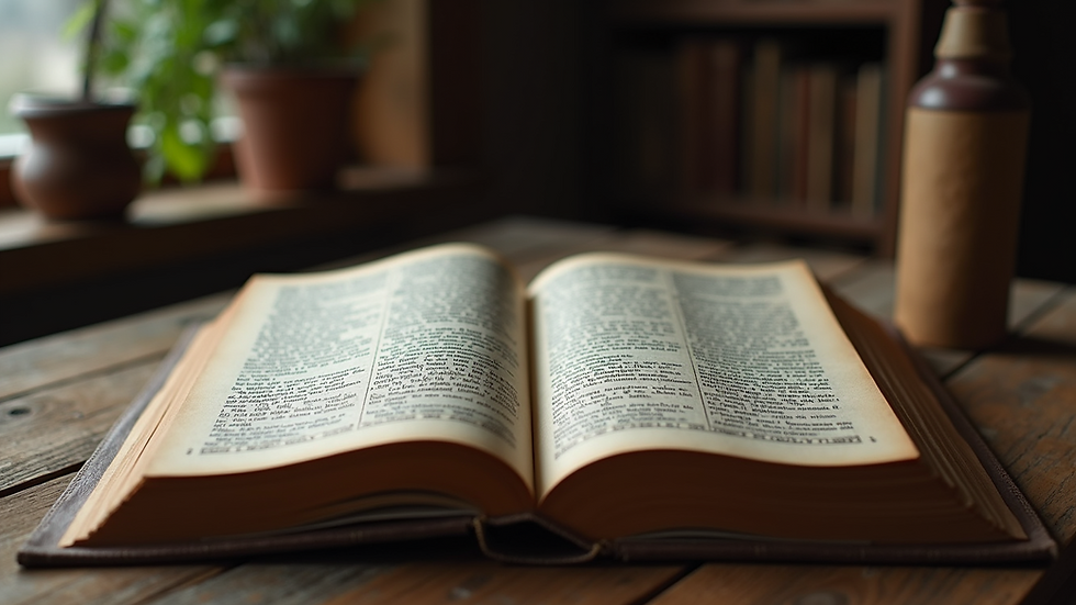 Eye-level view of an ancient Norse mythology book open on a wooden table