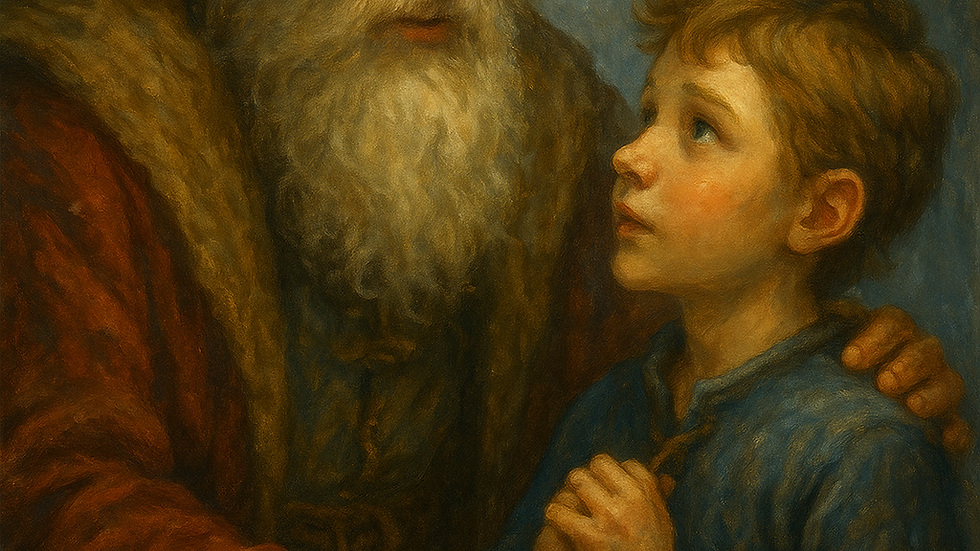 Herr Klaus shares a heartfelt moment with Ulvie in the serene winter forest, surrounded by falling snow.