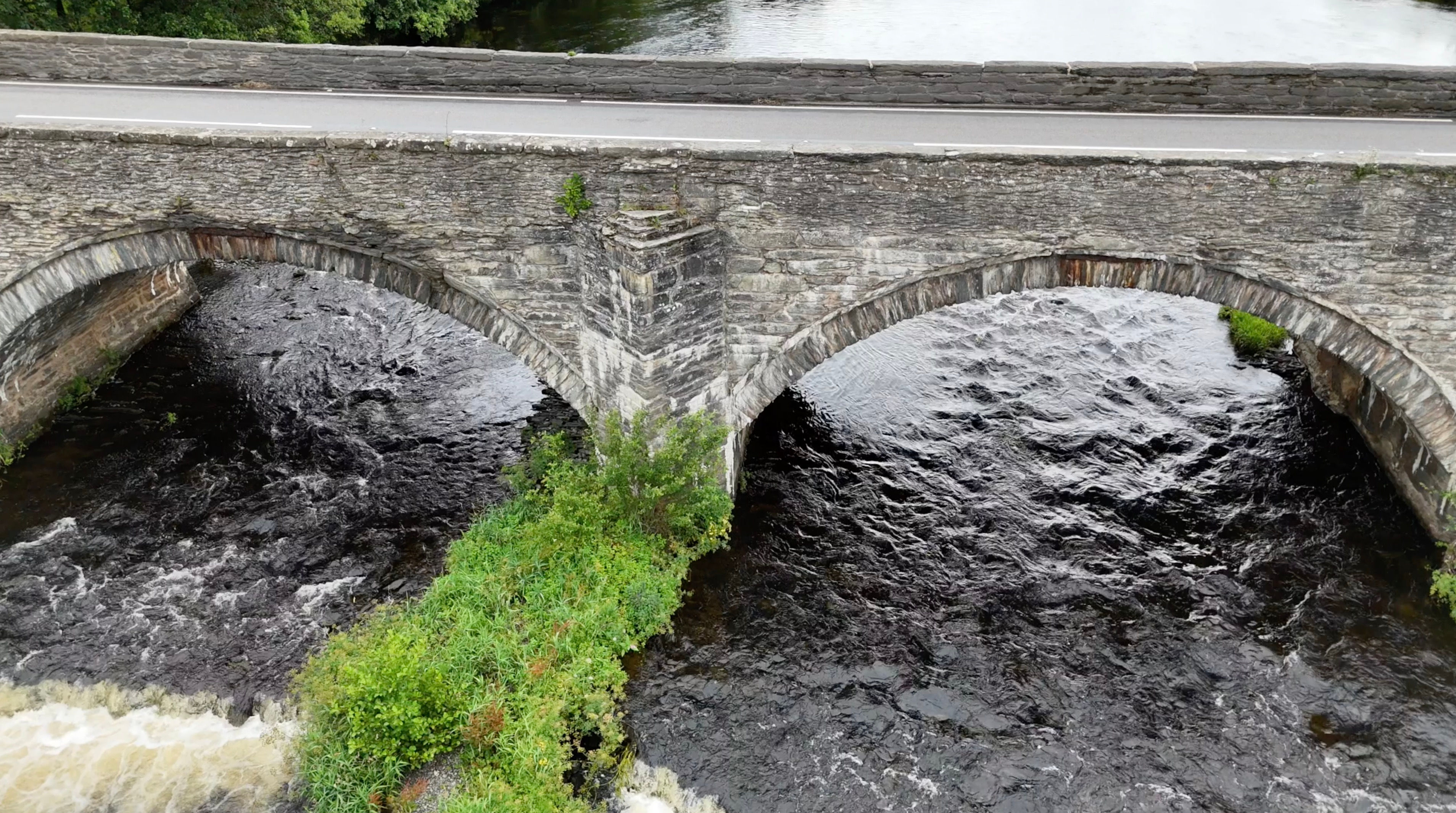 Aerial Drone - Welsh Road Bridge and Weir 02