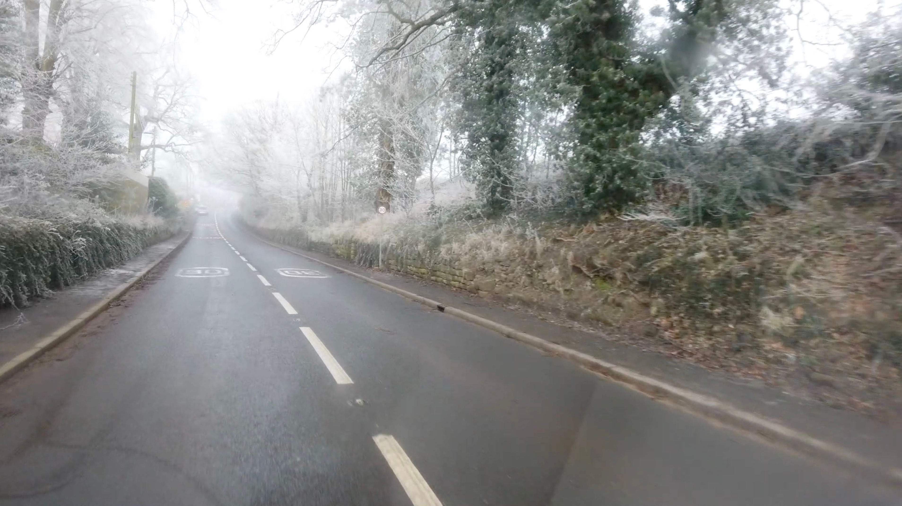 Road Travel - Dash Cam - Winter Road - Frost - Fog - Village
