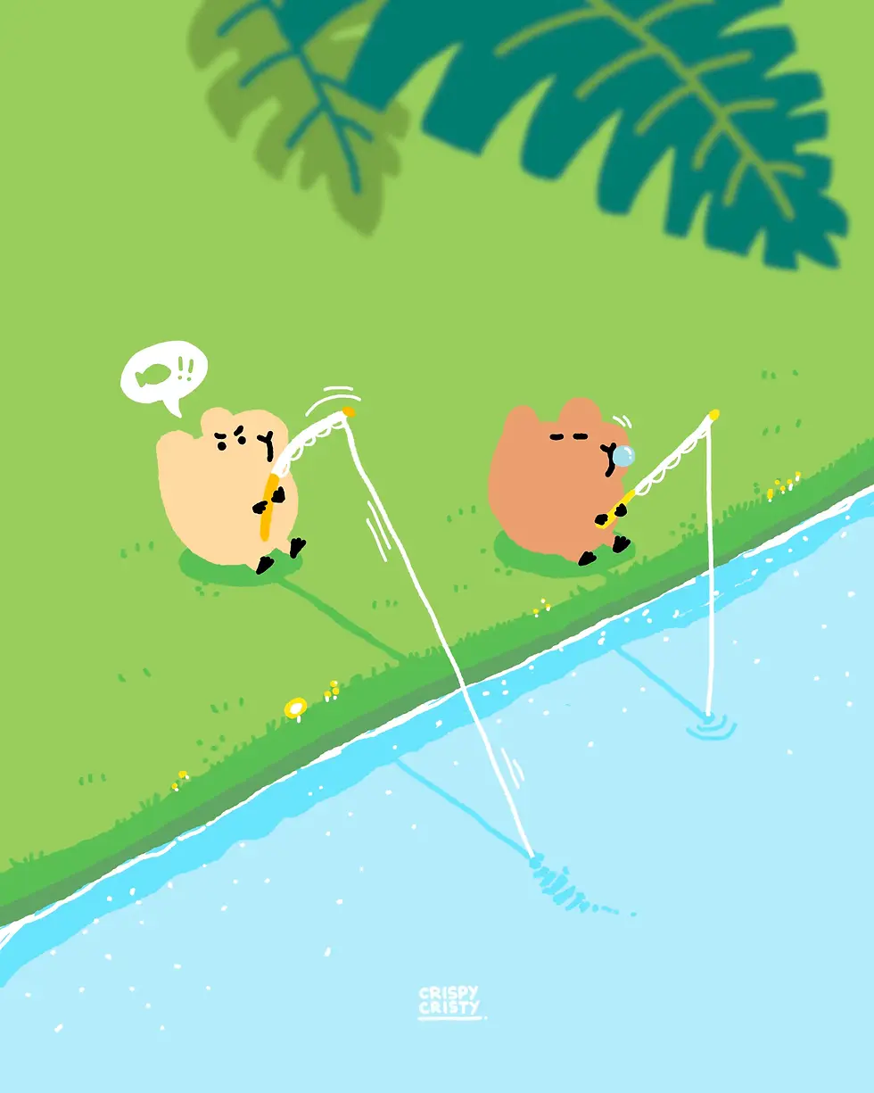 two capybaras are fishing