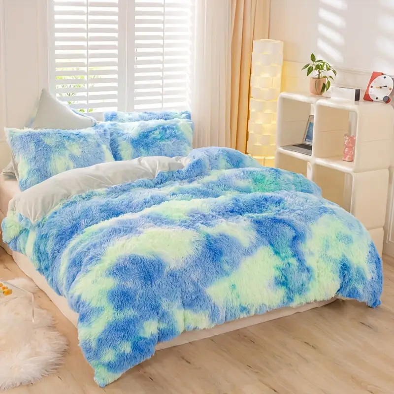 Thumbnail: 3pcs Y2K Tie Dye Plush Duvet Cover Set ( 1 Duvet Cover + 2 Pillowcase), Soft &