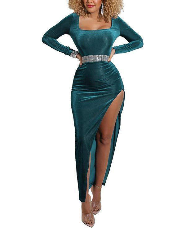 Thumbnail: women  square neck high slit gold velvet dress s-xxl
