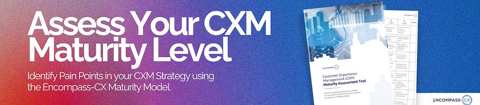 Banner with text that says Assess Your CXM Maturity Level. Identify Pain Points in your CXM Strategy using the Encompass-CX Maturity Model and sample graphics of the PDF file.