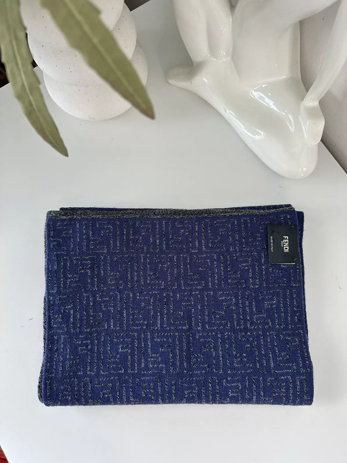 Fendi FF Logo Pattern Lana Wool Grey Blue Scarf 170x26cm