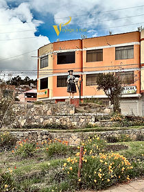 Statue in front of building with poppies in the foreground in chinchero peru
