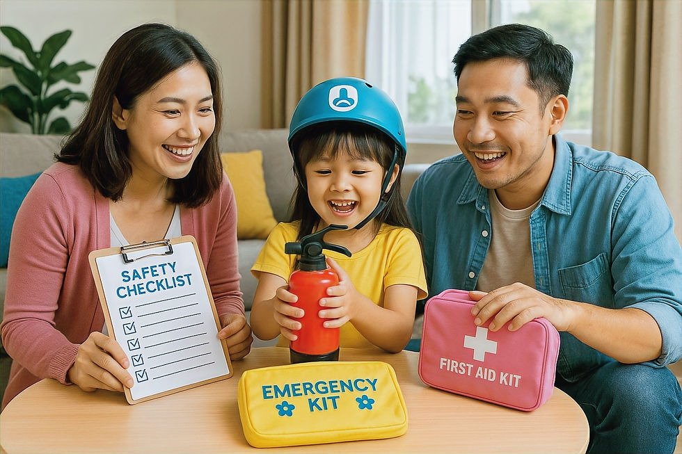 Smiling family with a child in a helmet holding a spray bottle. "Safety Checklist," "Emergency Kit," and "First Aid Kit" visible on a table.