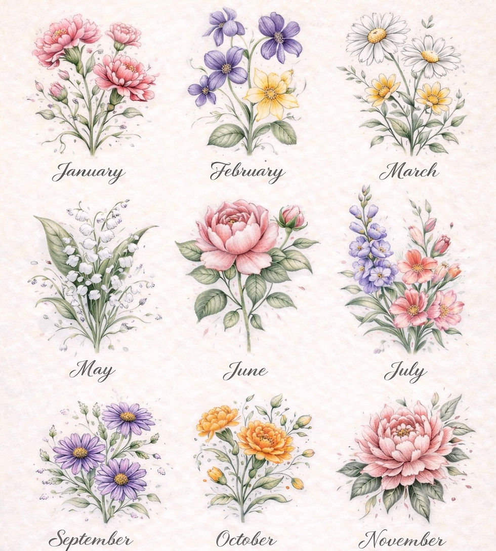 Collezione di fiori simbolici per ogni mese dell’anno con nomi dei mesi e illustrazioni botaniche.