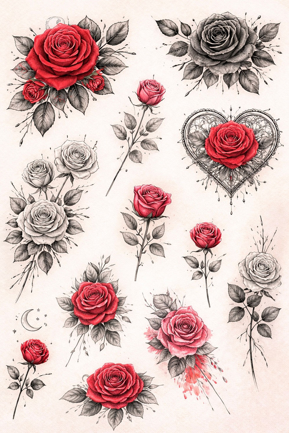 Collezione di rose artistiche in diversi stili floreali con petali dettagliati e composizioni botaniche eleganti.