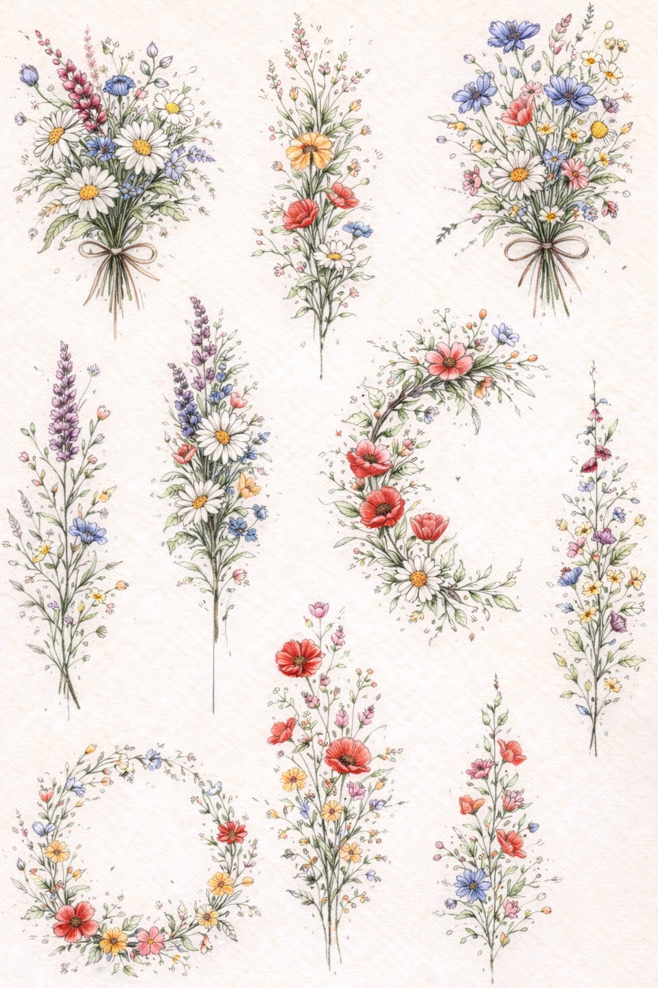 Composizione di fiori selvatici e botanici con aspetto naturale, bouquet spontanei e stile ispirato alla natura.