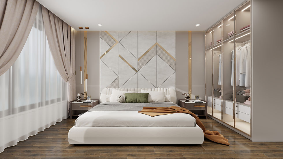 Modern bedroom interior design in Singapore featuring built-in wardrobe and warm neutral tones.