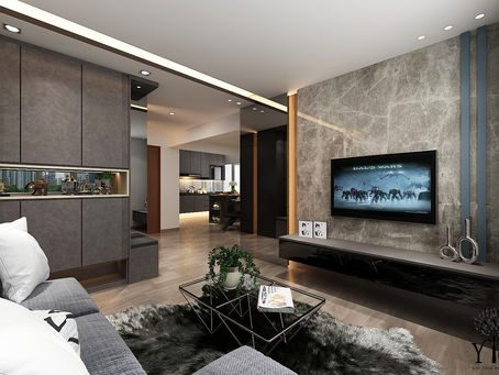 Decluttered modern living room in a Singapore home with clean lines and built-in storage.