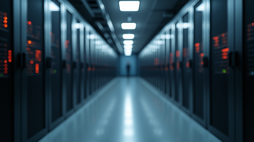 Eye-level view of a modern office server room with blinking lights