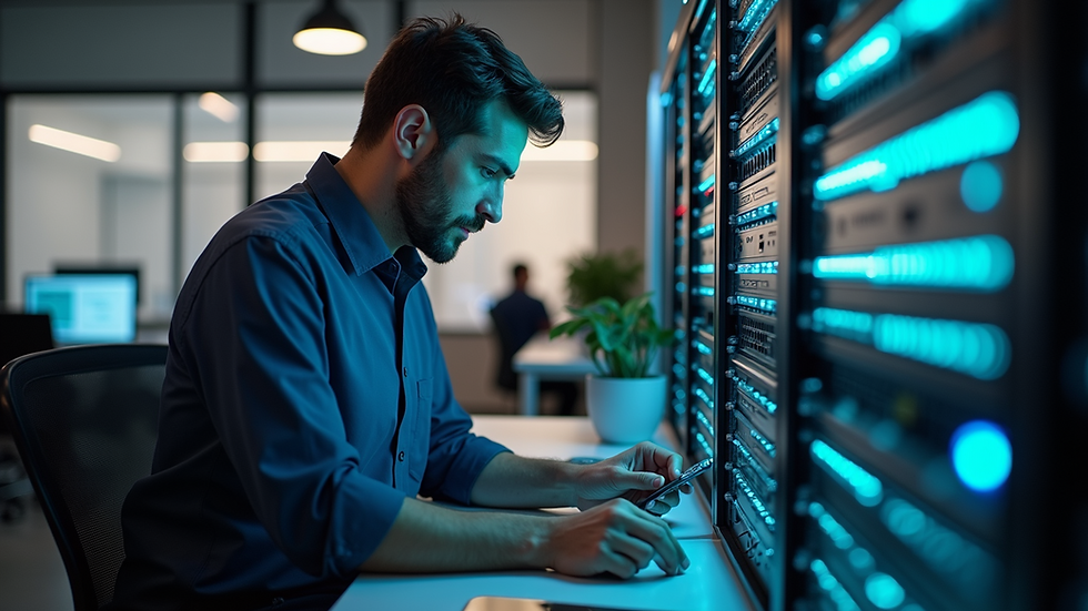 Eye-level view of a small business office with a technician setting up a network router