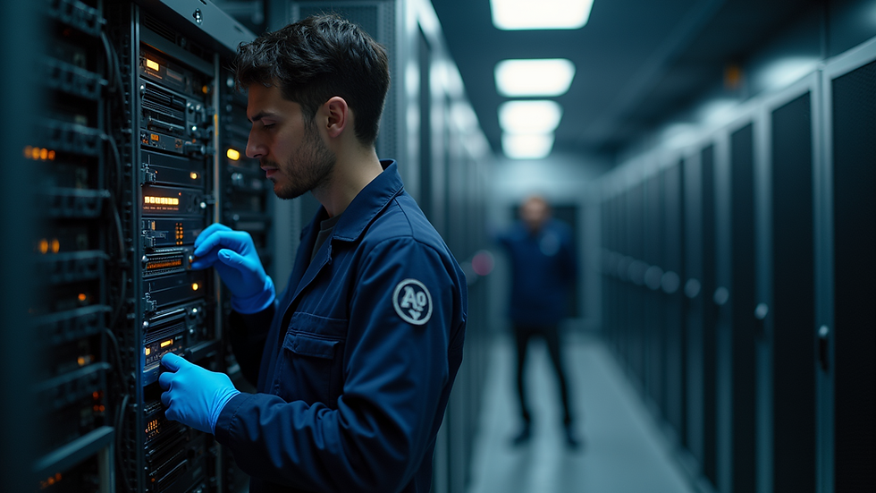Close-up view of a technician working on server hardware in a data center