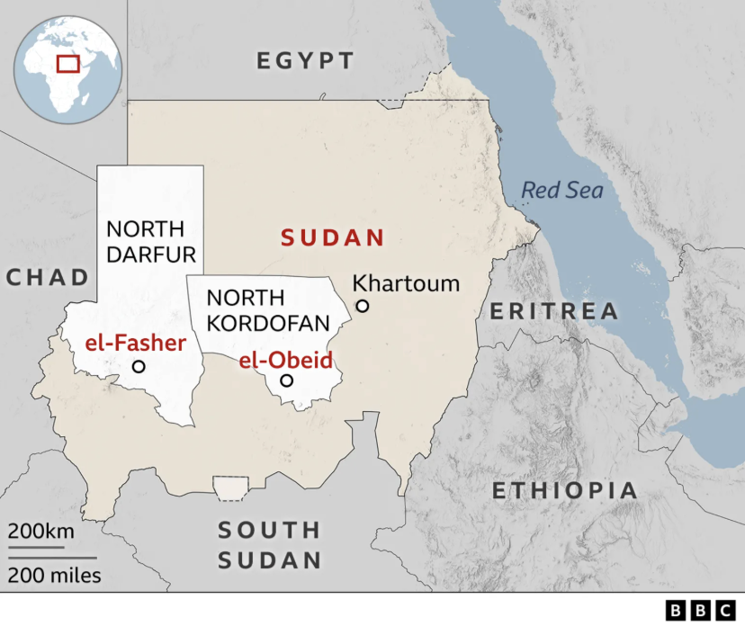 A map of Sudan showing North Darfur and North Kordofan as well as surrounding countries. (Credit: BBC)