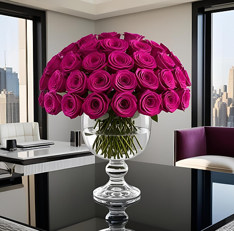 24 purplish pink roses arrangement in a clear glass pedestal vase on a modern posh urban l