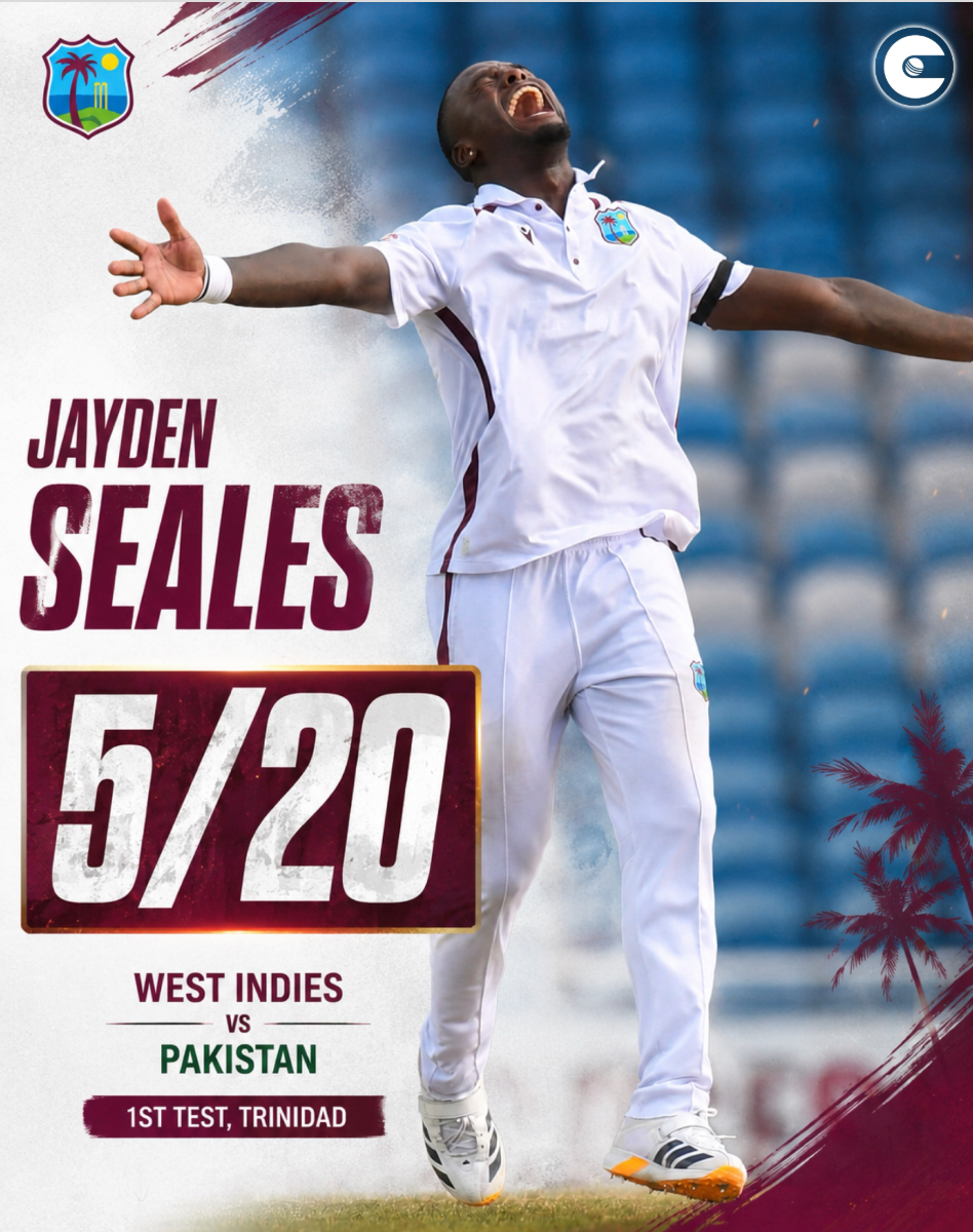 Jayden Seales 5 for 18 fourth innings West Indies vs Pakistan 1st Test Brian Lara Cricket Academy Tarouba 2026
