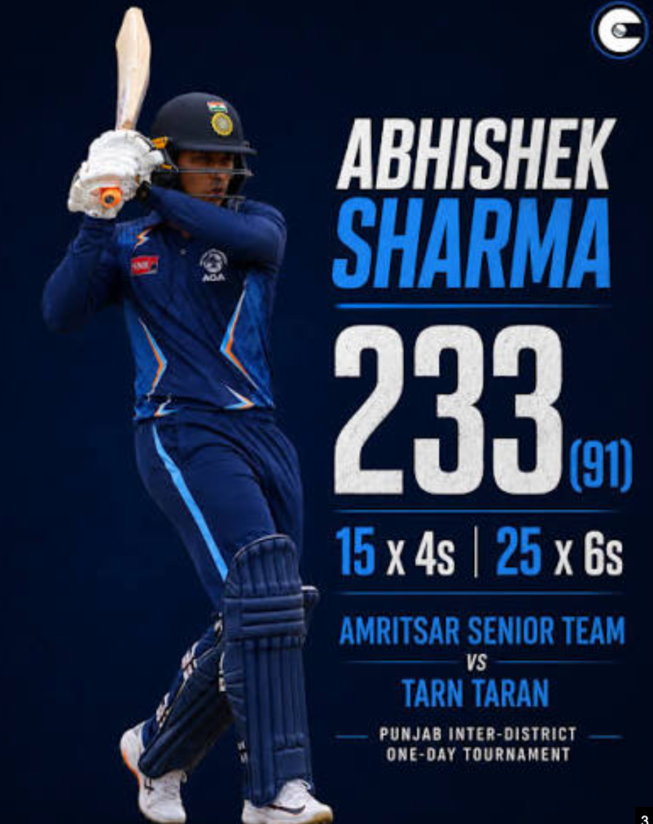 Abhishek Sharma 233 off 91 balls 25 sixes Punjab inter district match Amritsar vs Tarn Taran August 2 2026