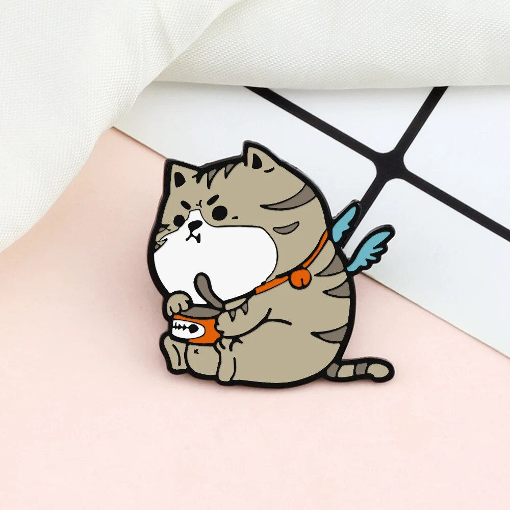 Cartoon Angel Gray Kitten Enamel Pin 