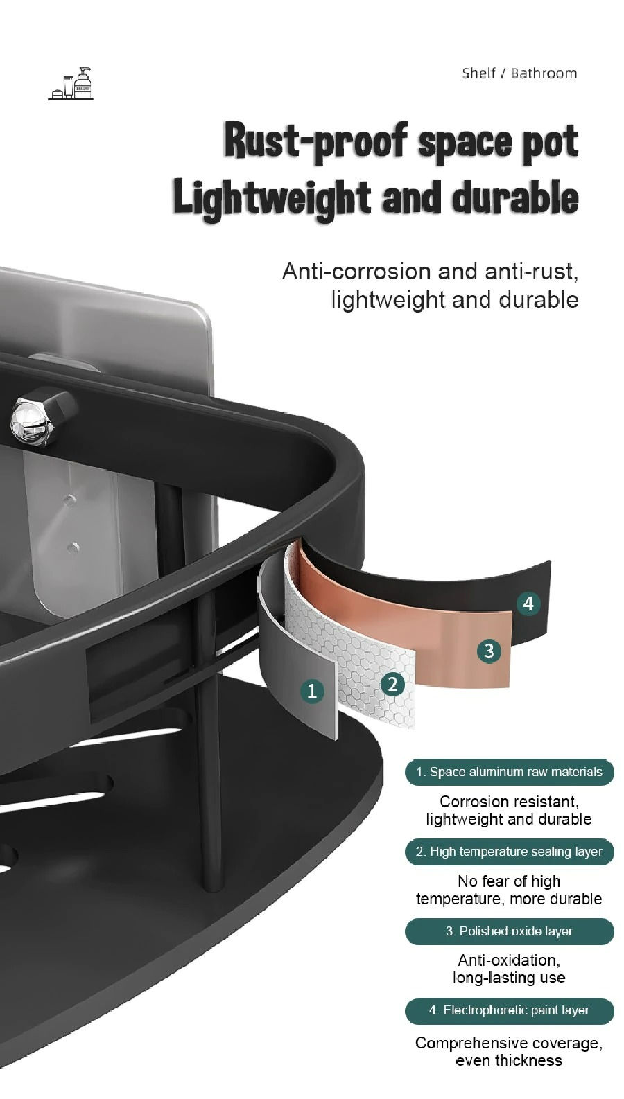 Thumbnail: Bathroom Corner Shelf without Drilling - Rustproof Aluminum Shower Storage Rack