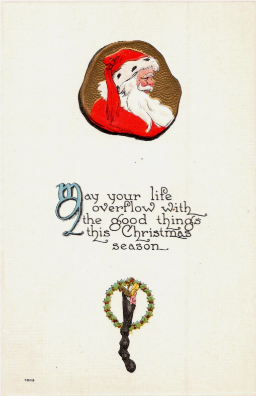 Christmas Santa, Stocking Wreath, Ser. 7003 Bergman c1912 Embossed Postcard
