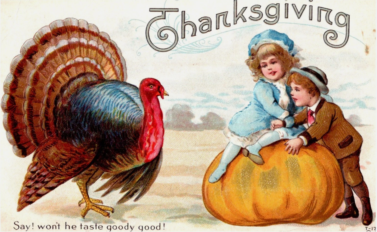 Thanksgiving "Say! Won't he taste goody good!" Turkey Children Pumpkin Postcard