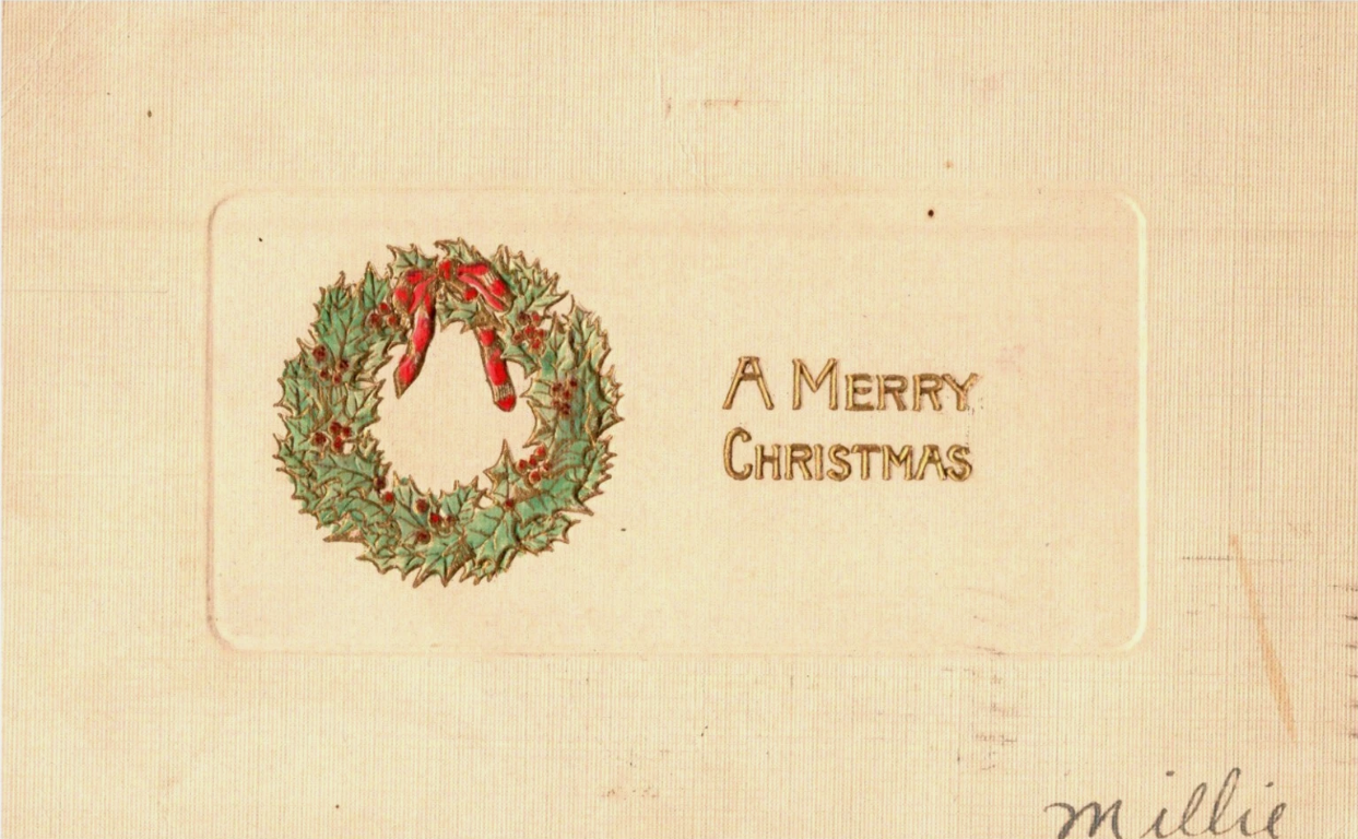 A Merry Christmas, Wreath, Holly, Berries, Embossed c1906 Postcard
